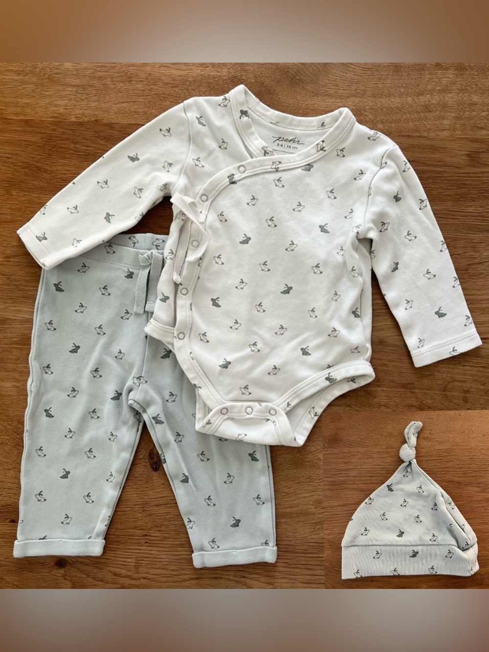 Pehr kimono bunny print set white bodysuit onesie blue pant beanie hat cap baby